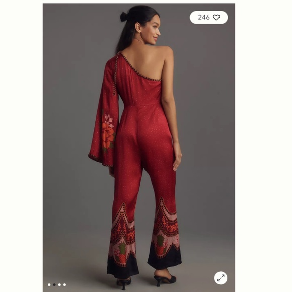 FARM RIO X ANTHROPOLOGIE ONE-SHOULDER PRINTED SATIN JUMPSUIT - Picture 3 of 14